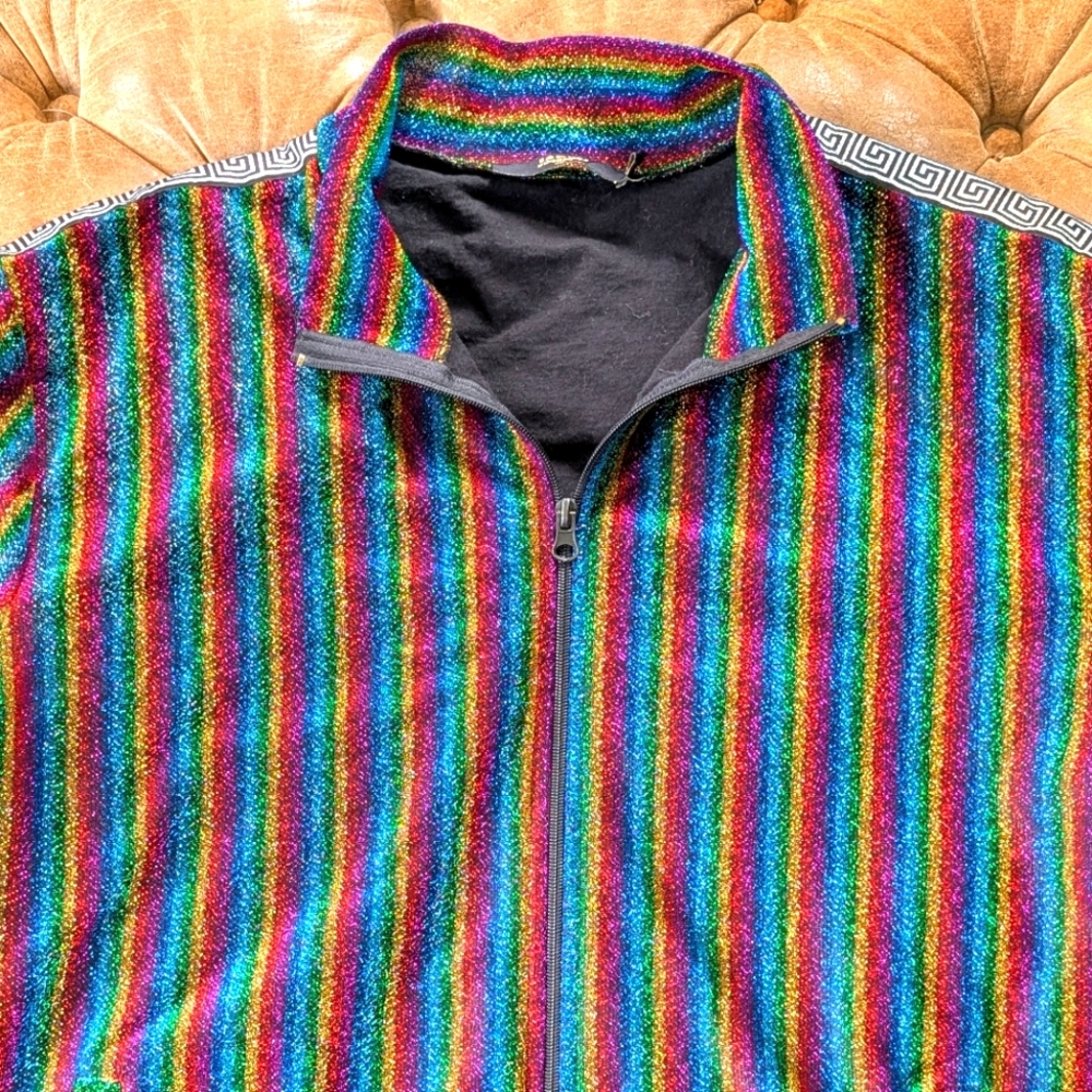 Jaded London Rainbow Glitter Sparkle Full Zip Jacket Aztec Style Sleeve Stripe L